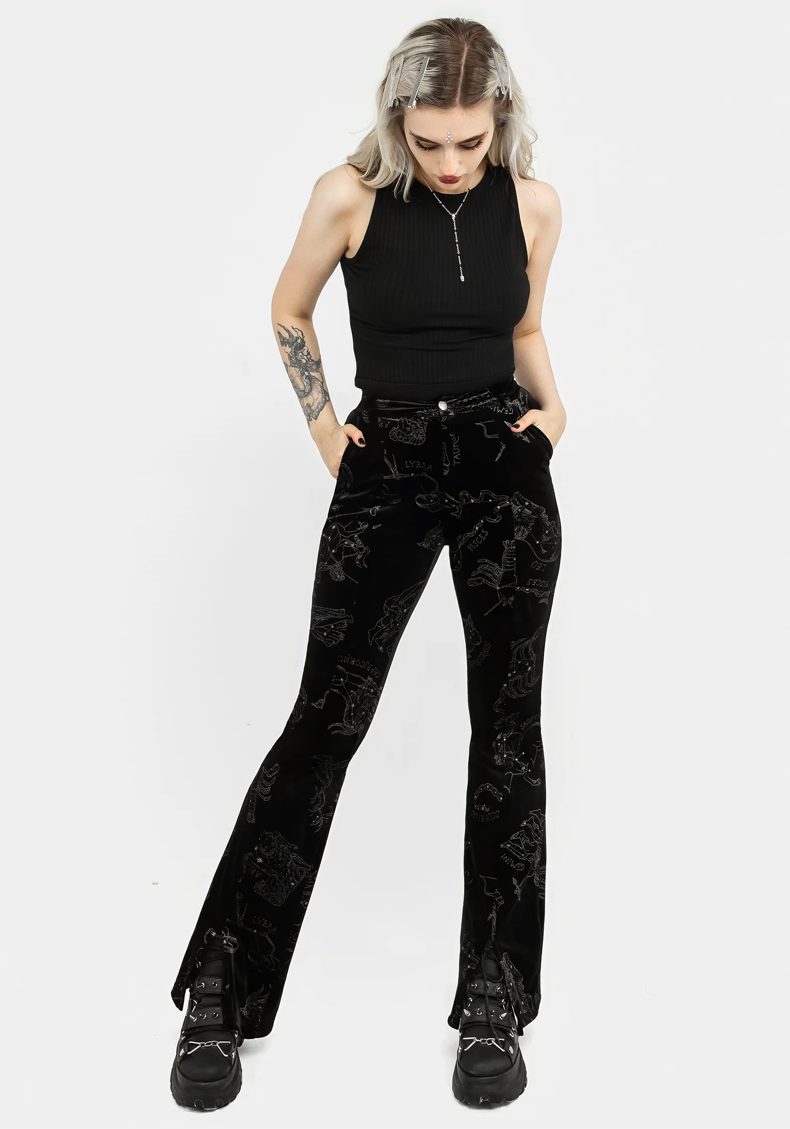 Zodiac Foil Print Split Slim Flare Trousers - Image 5